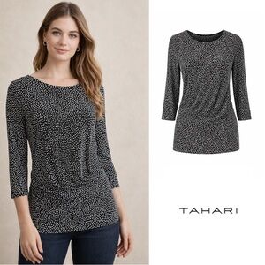 NEW Tahari Women's Polka Dot Black and White Ruched blouse